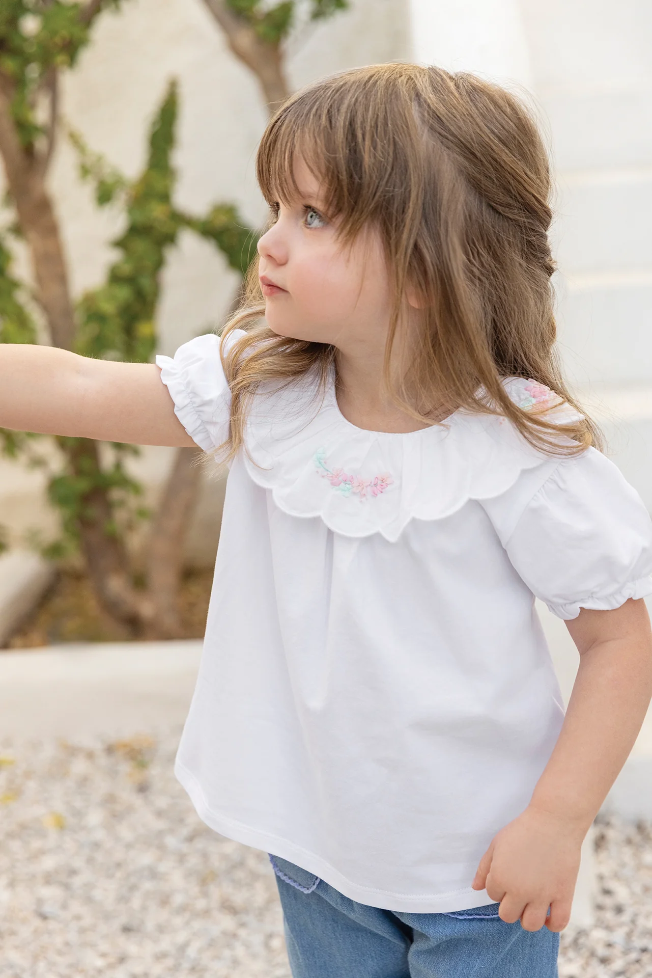 T-shirt - Blanc coton col volanté
