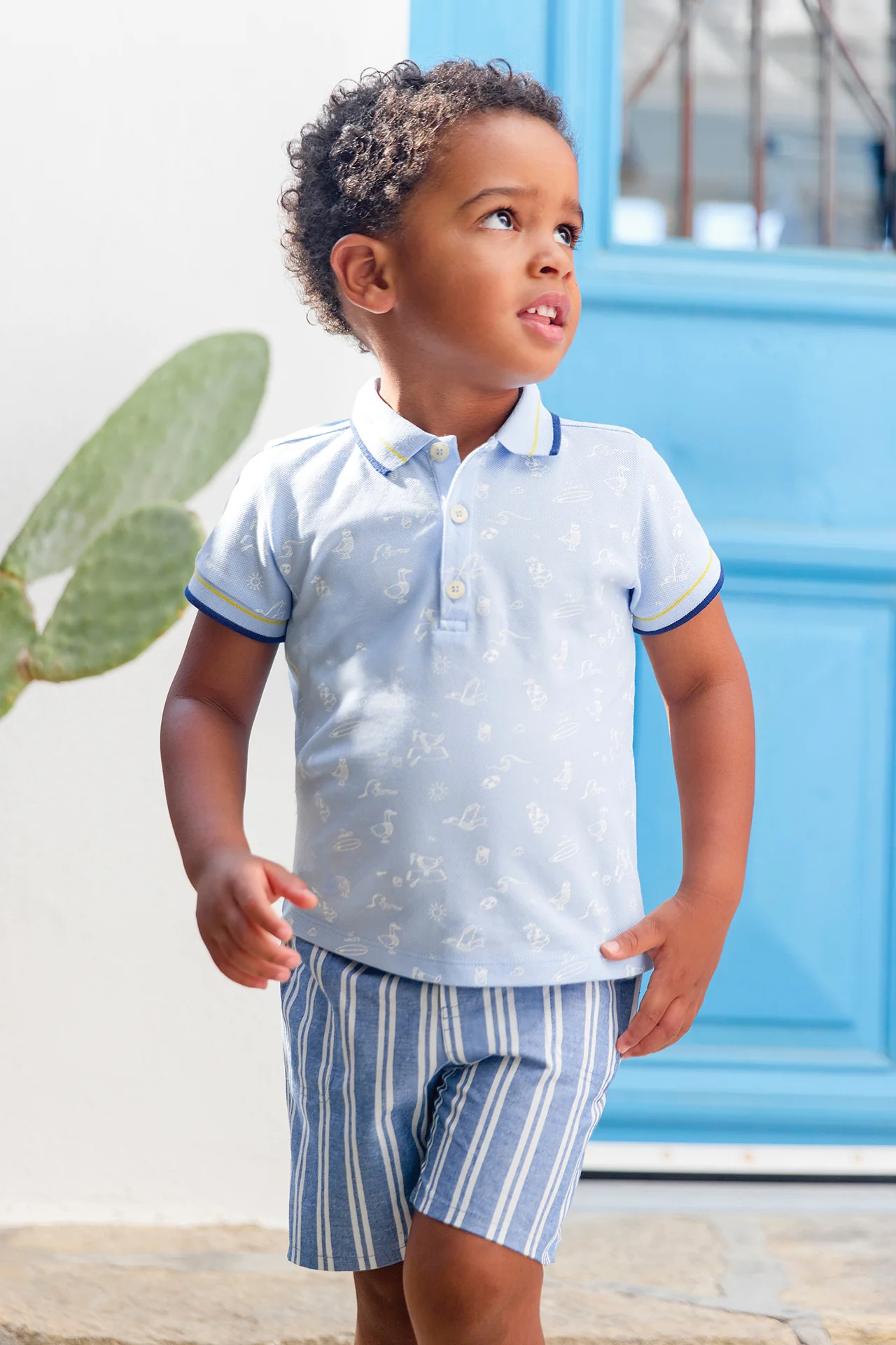 Polo - Bleu nuage coton imprimé bord de mer