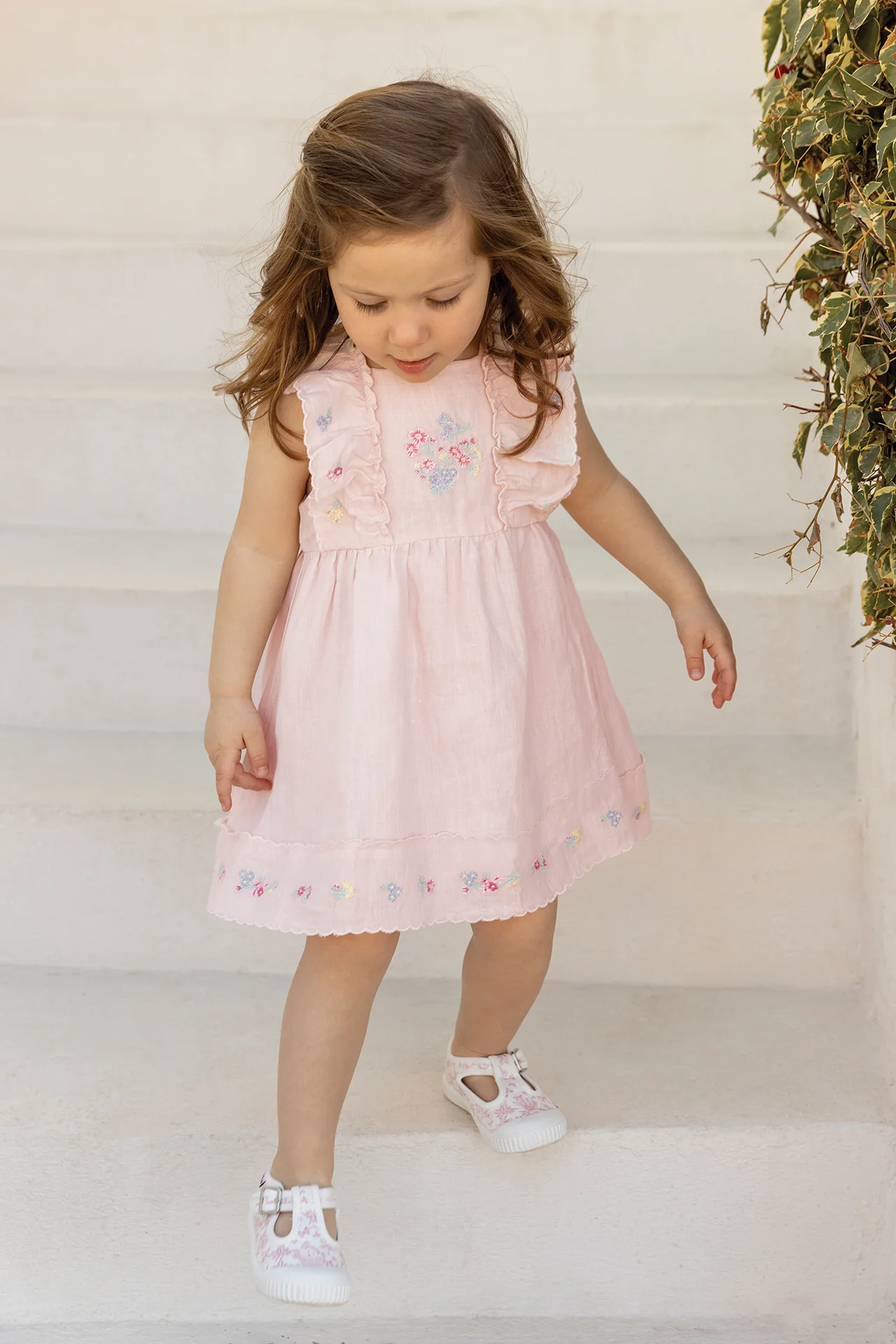 Robe - Rose pâle lin brodé