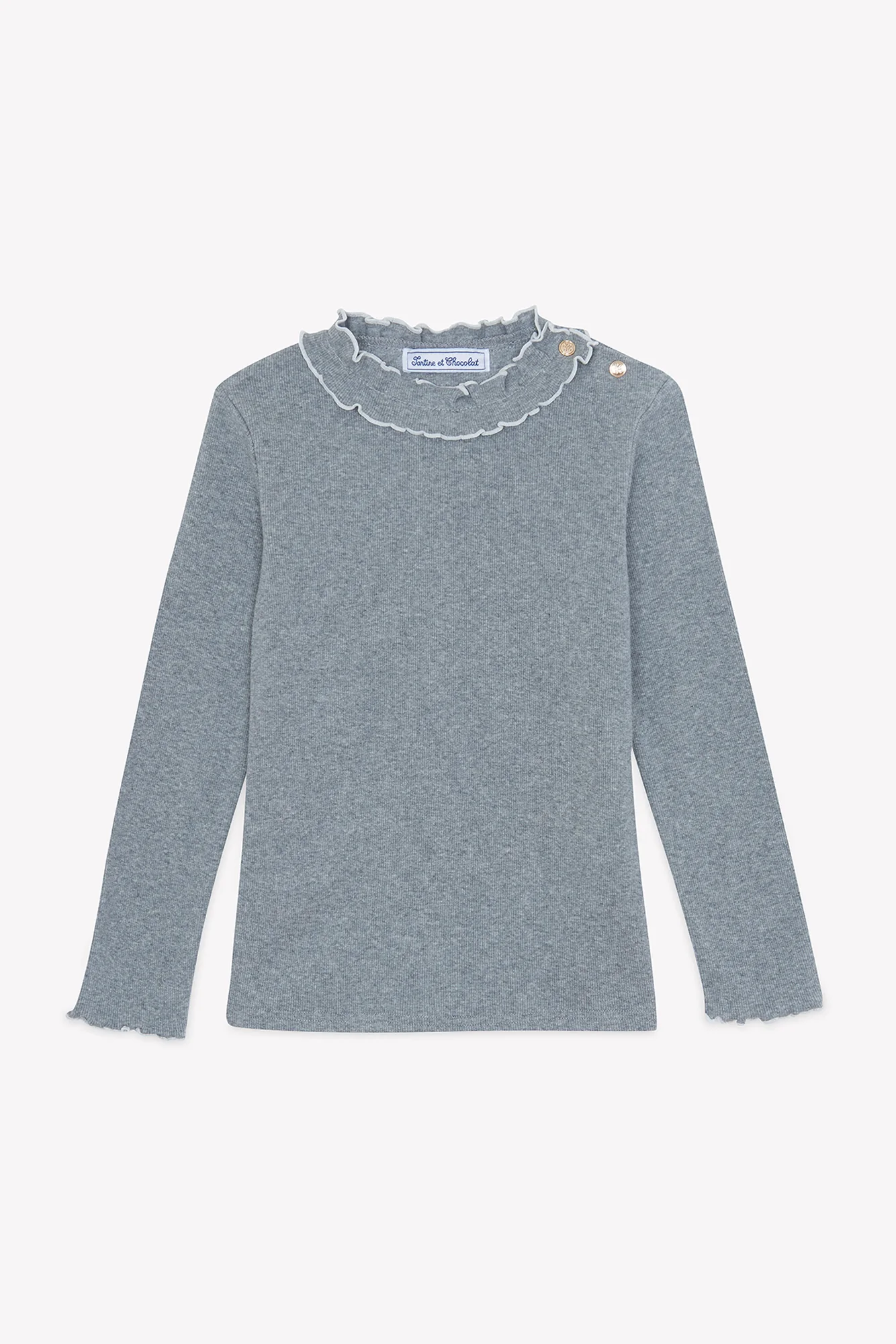 T-shirt - Gris clair coton col volanté - Image 5