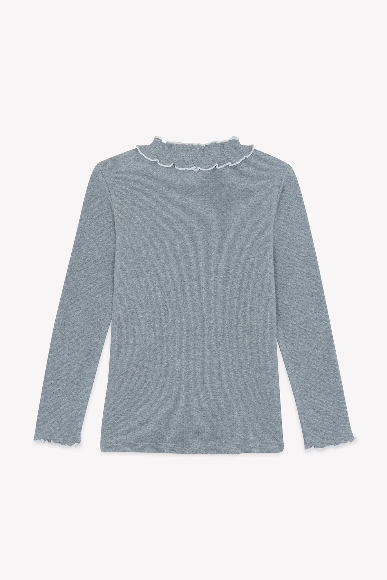 T-shirt - Gris clair coton col volanté - Image 6
