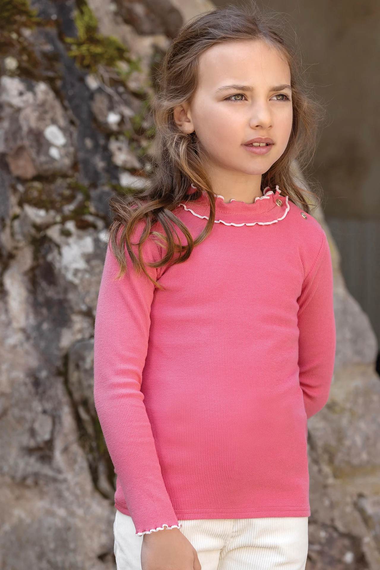 T-shirt - Rose pivoine coton col volanté