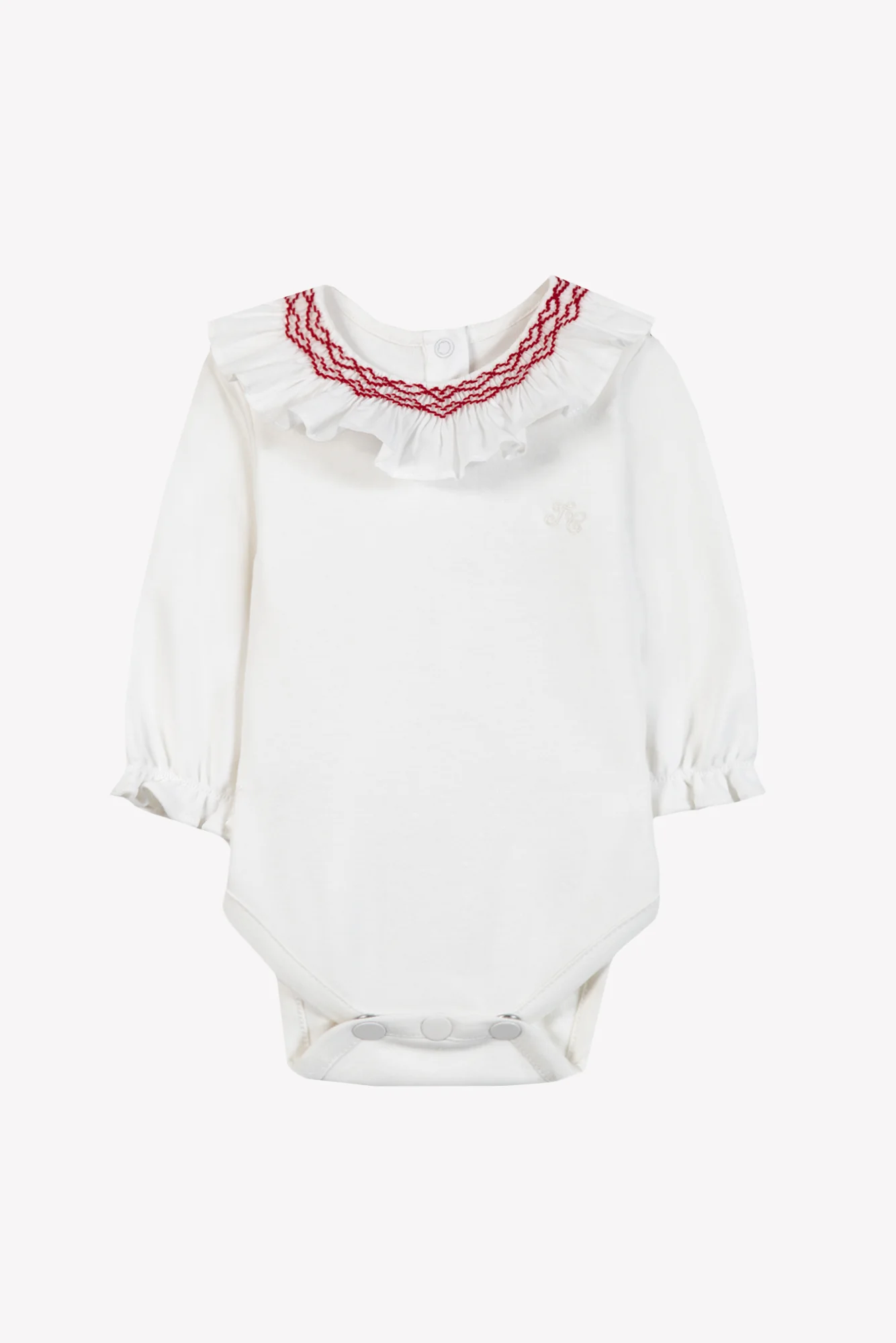 Body - Ecru coton col volanté broderie rouge - Image 3
