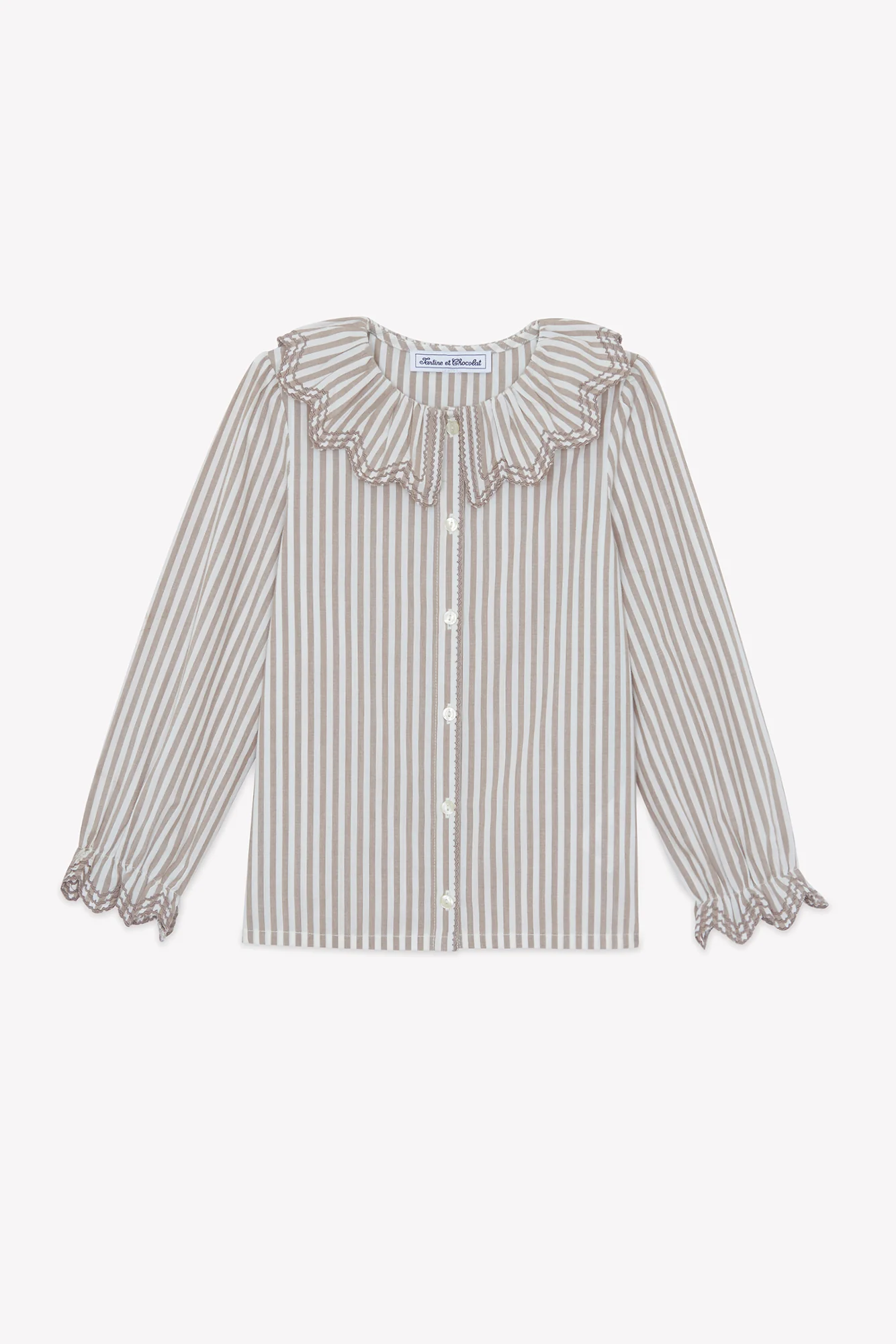 Blouse - Beige moyen rayures col volanté - Image 4