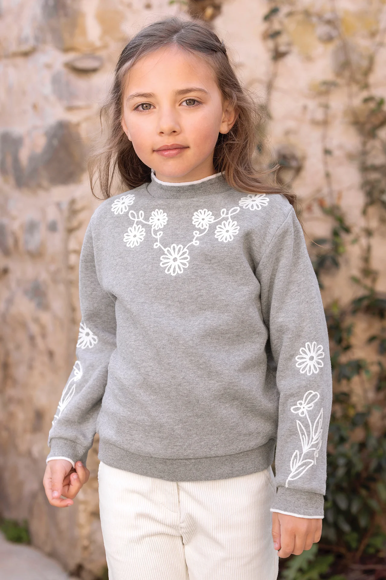 Sweat - Gris chiné coton broderies fleurs