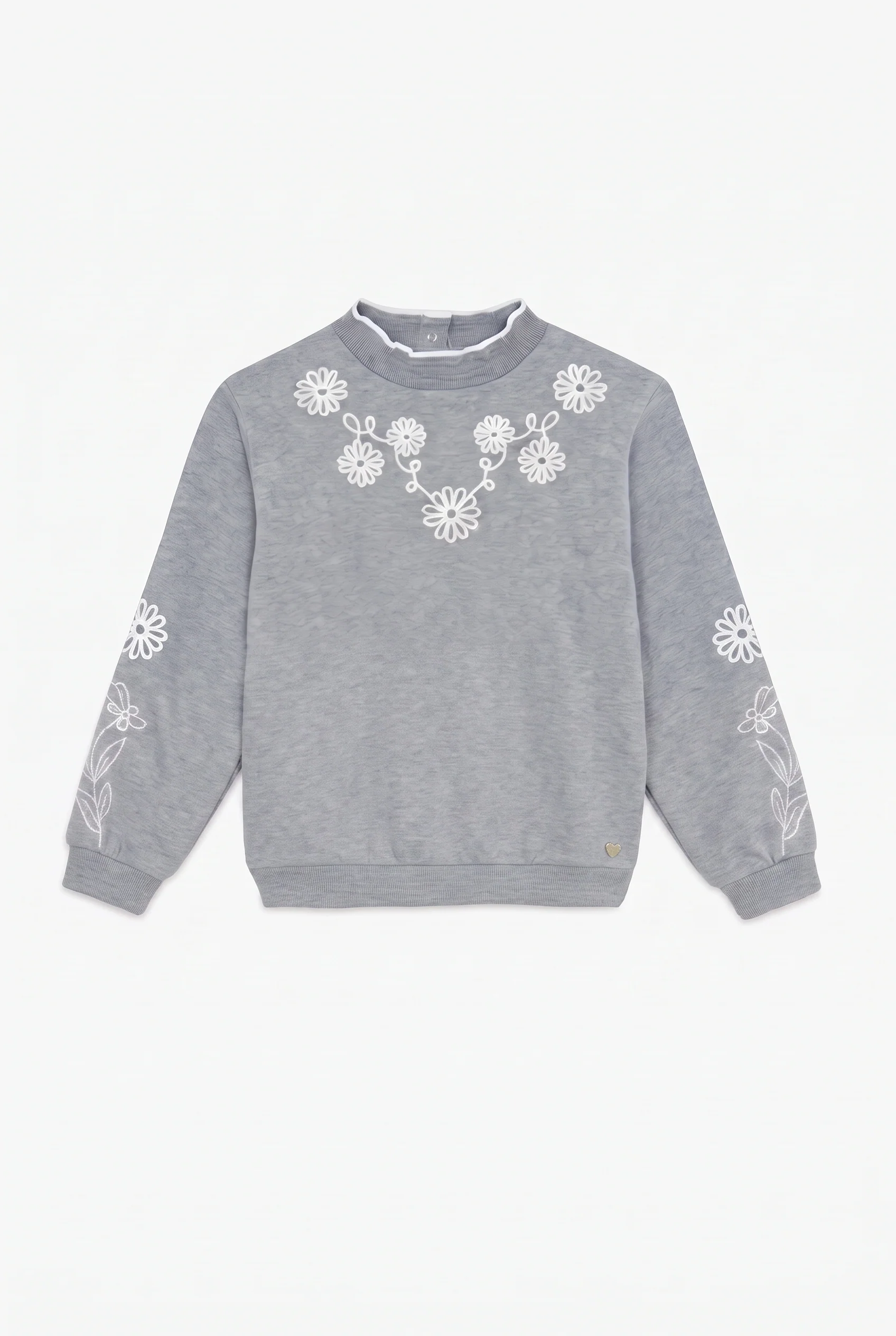 Sweat - Gris chiné coton broderies fleurs - Image 4