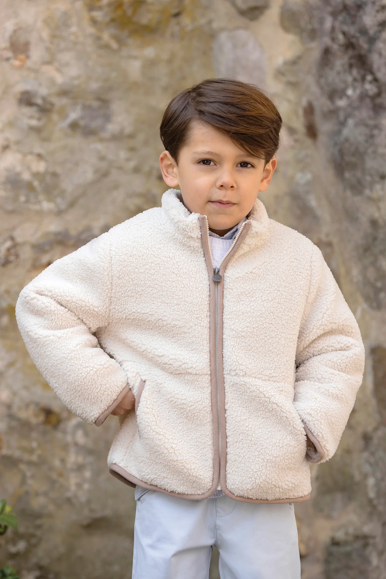 Veste - Beige zippée imitation fourrure bouclette
