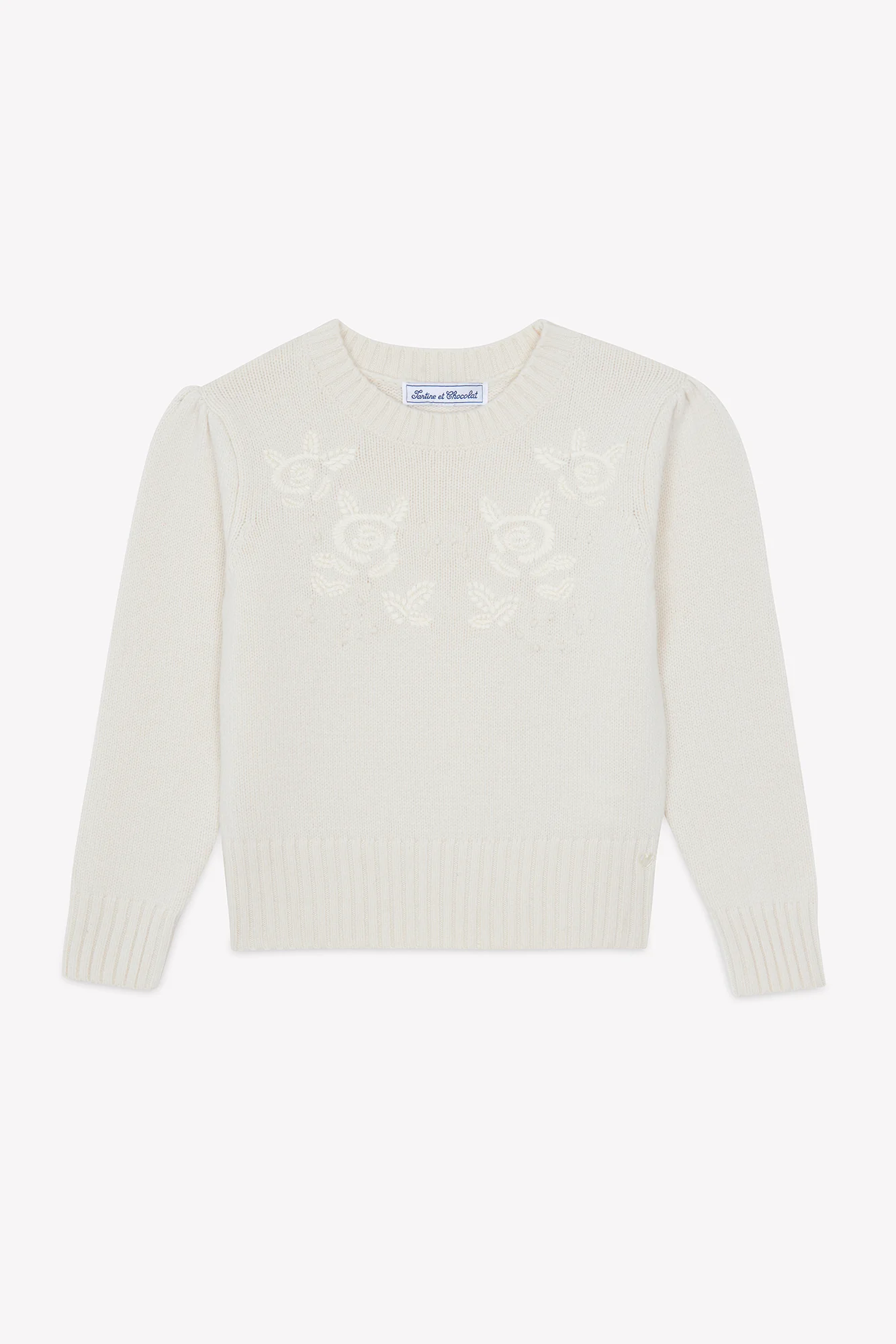 Pull - Ecru laine broderies fleurs - Image 4