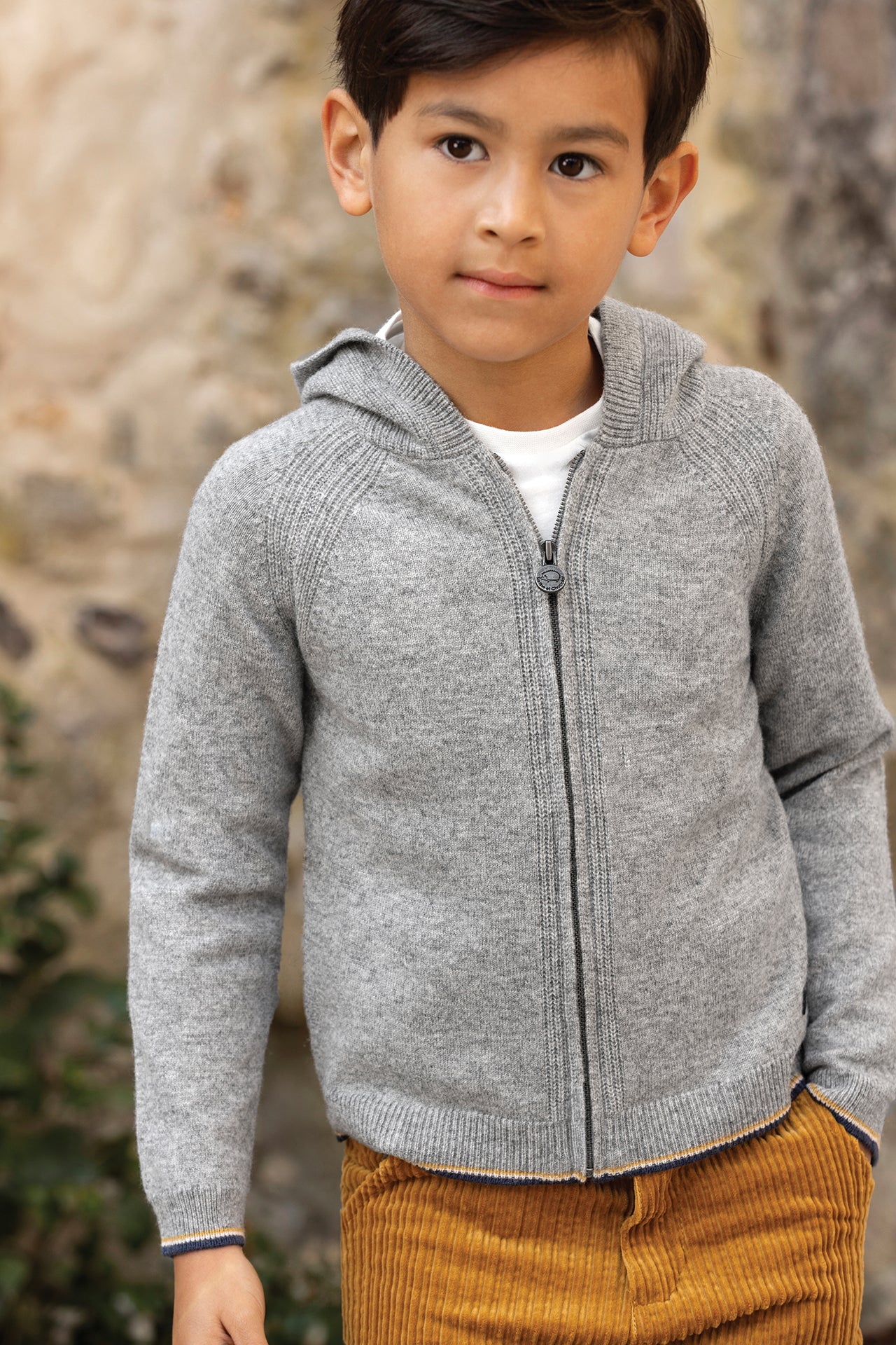 Cardigan - Gris chiné laine capuche maille