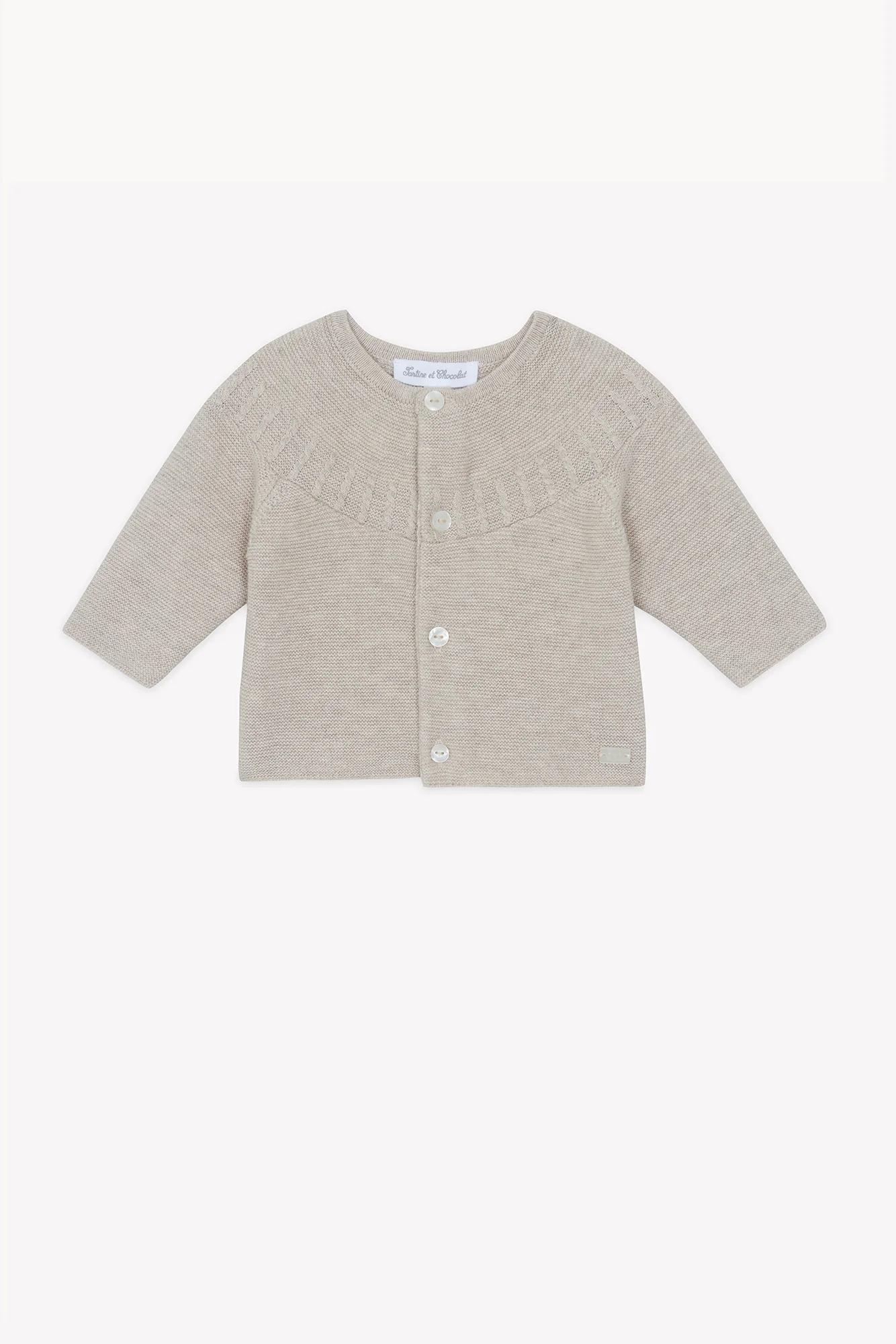 Cardigan - Beige chiné coton col rond tréssé