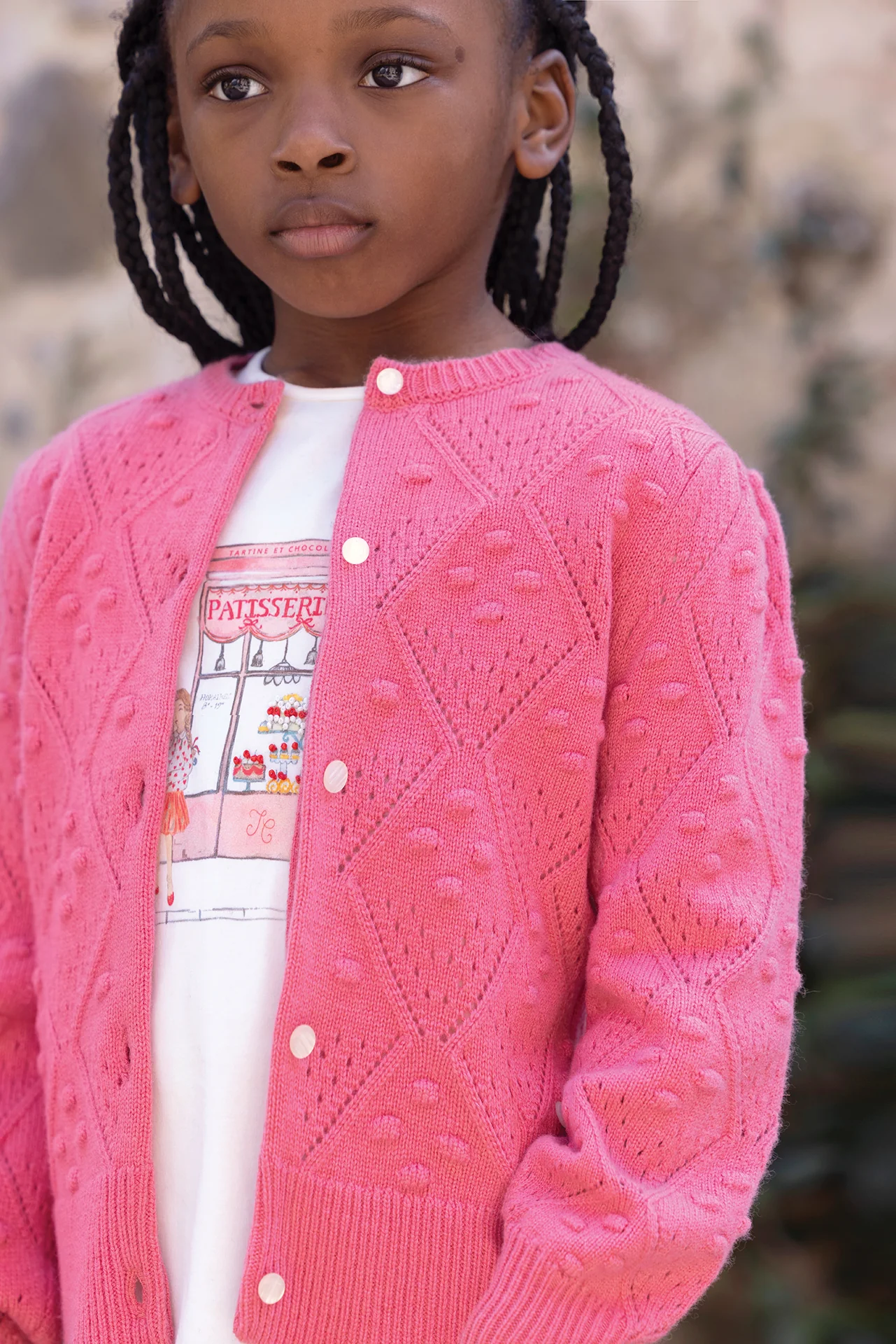Cardigan - Rose pivoine laine maille ajourée