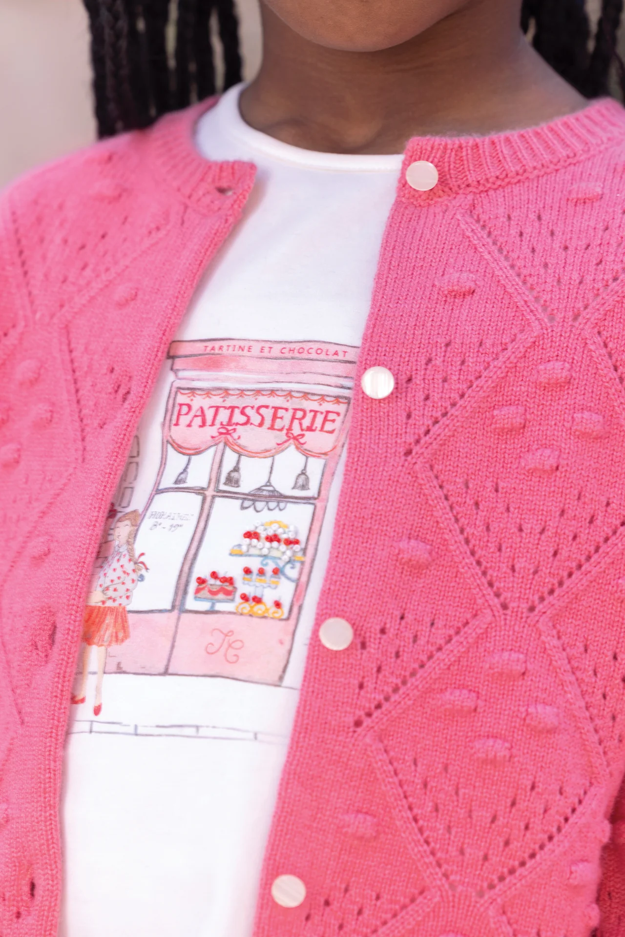 Cardigan - Rose pivoine laine maille ajourée - Image 2