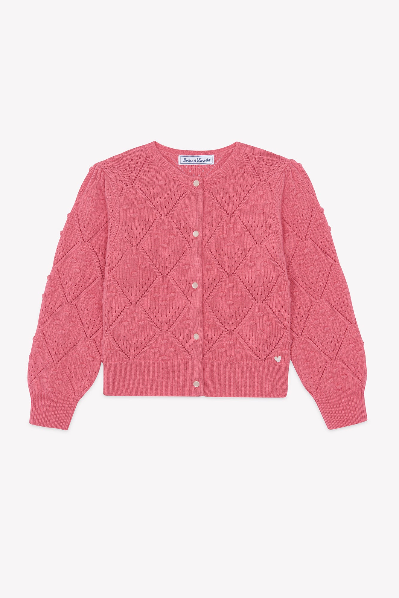 Cardigan - Rose pivoine laine maille ajourée - Image 3