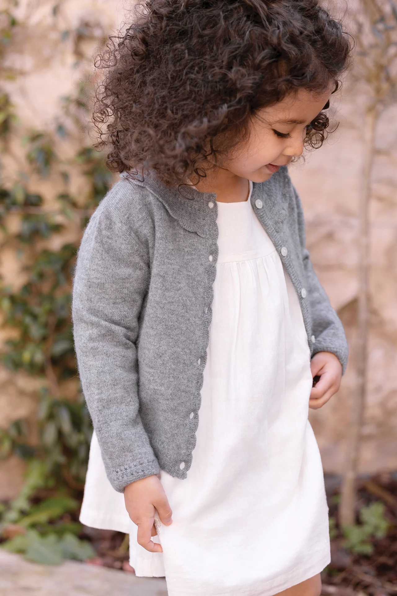 Cardigan - Gris chiné cachemire col rond festonné