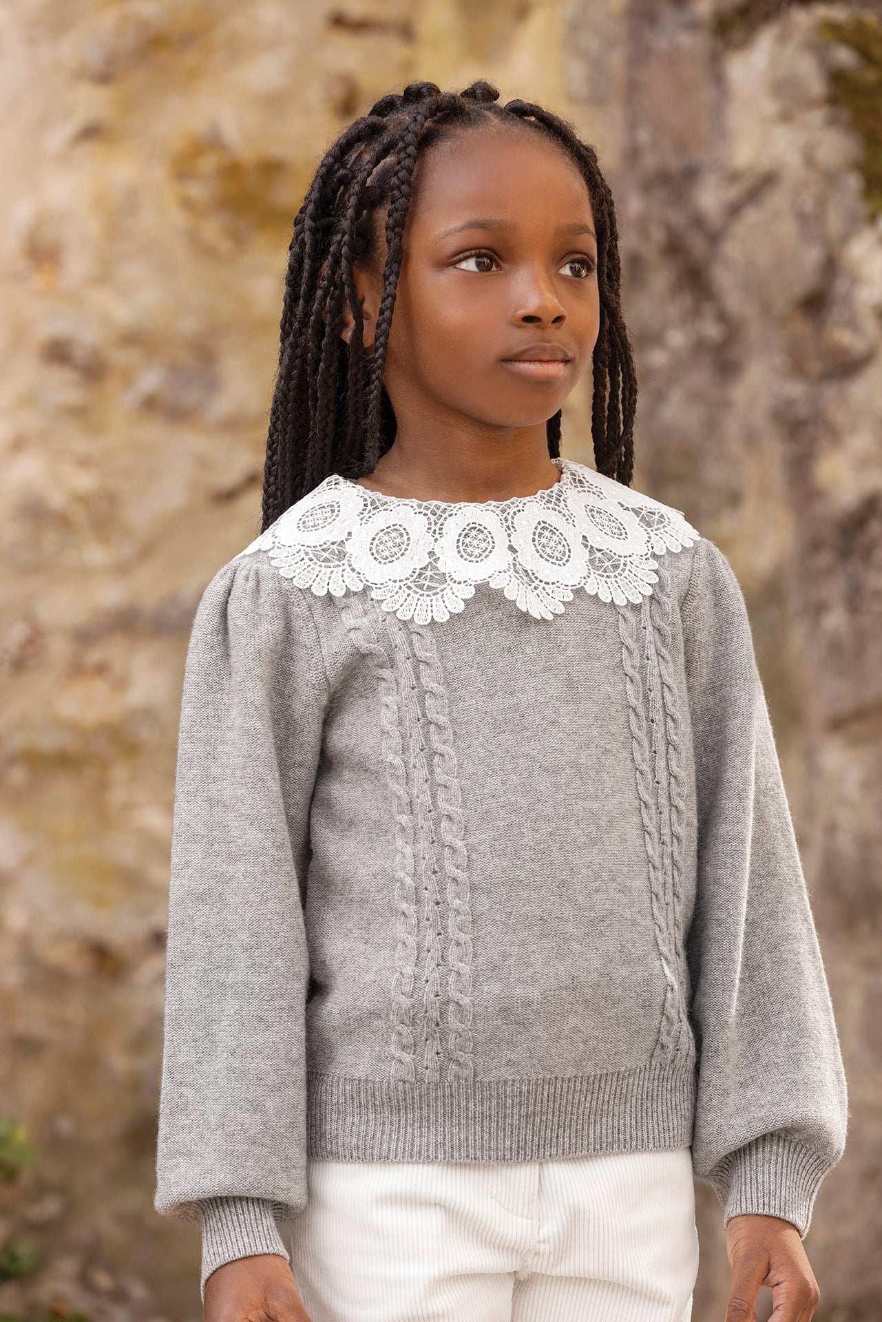 Pull - Gris chiné laine col dentelle