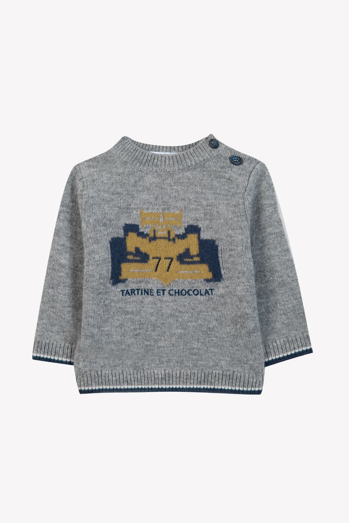 Pull - Gris chiné laine broderie voiture - Image 4