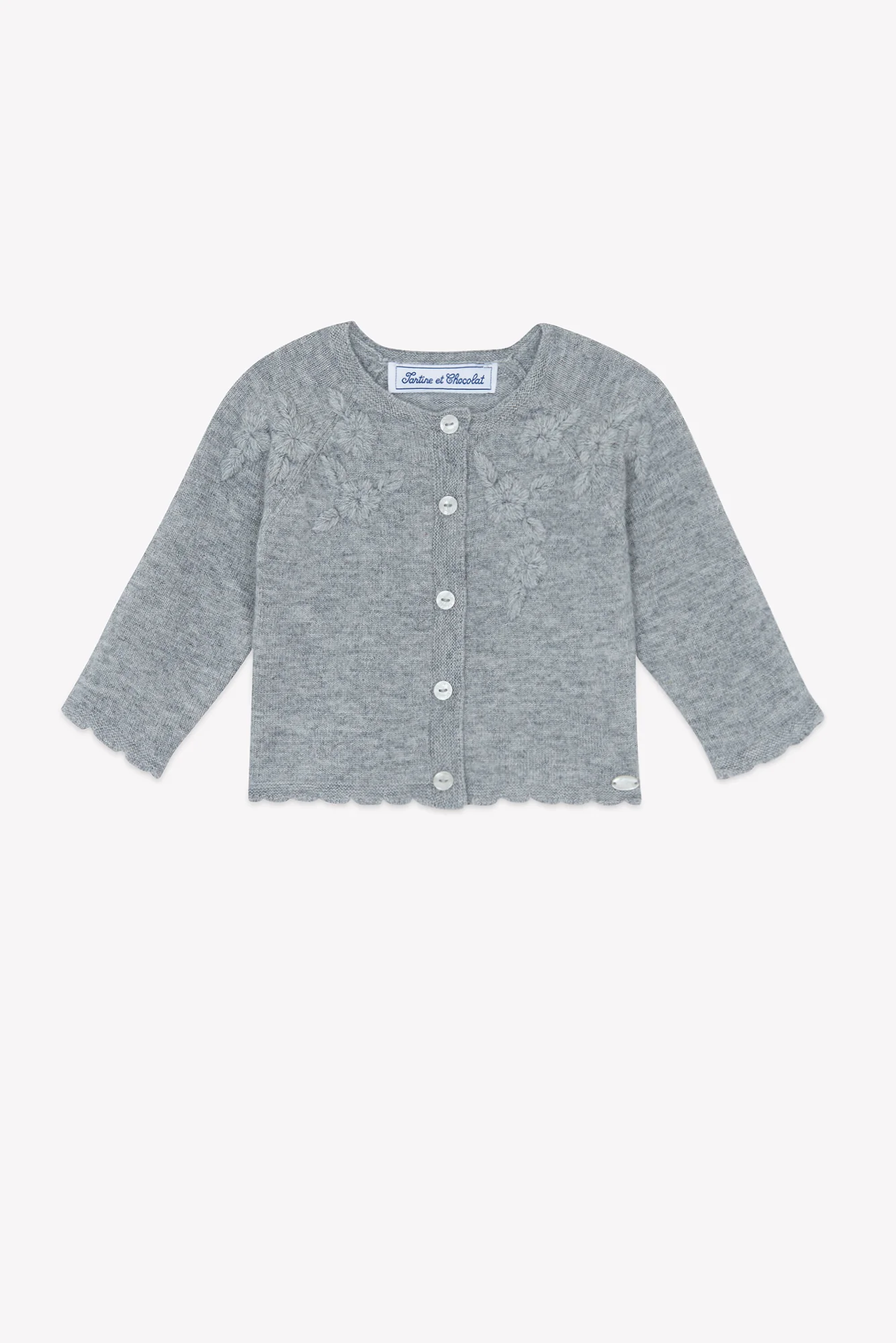 Cardigan - Gris moyen laine broderies fleurs