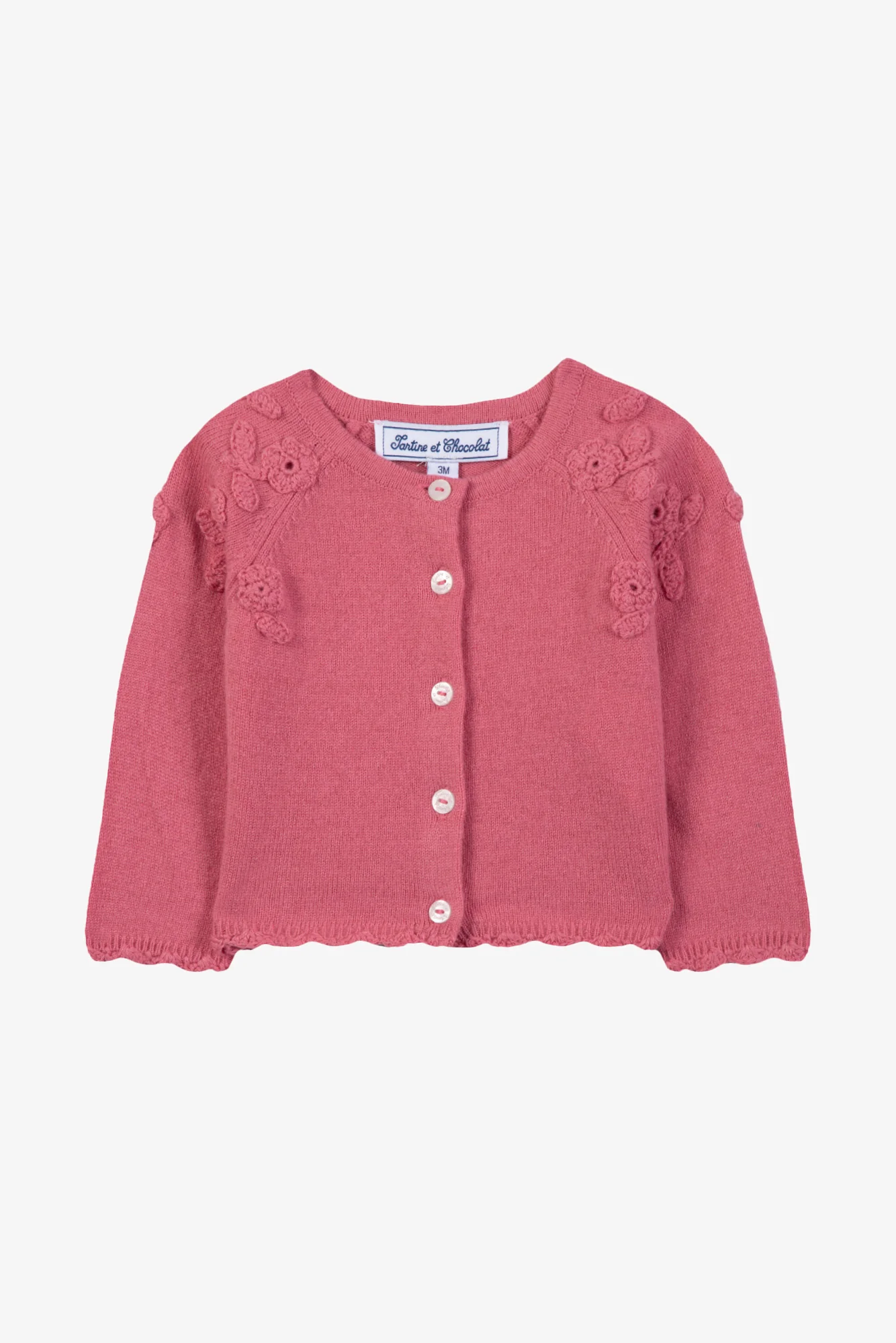 Cardigan - Rose pivoine laine broderie main fleurs
