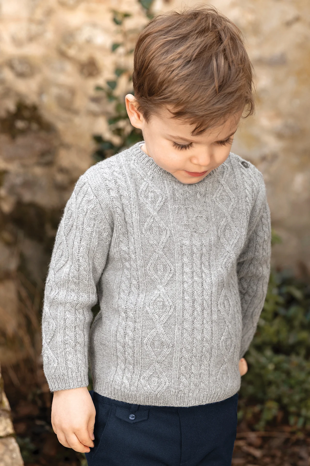 Pull - Gris chiné laine maille torsadée
