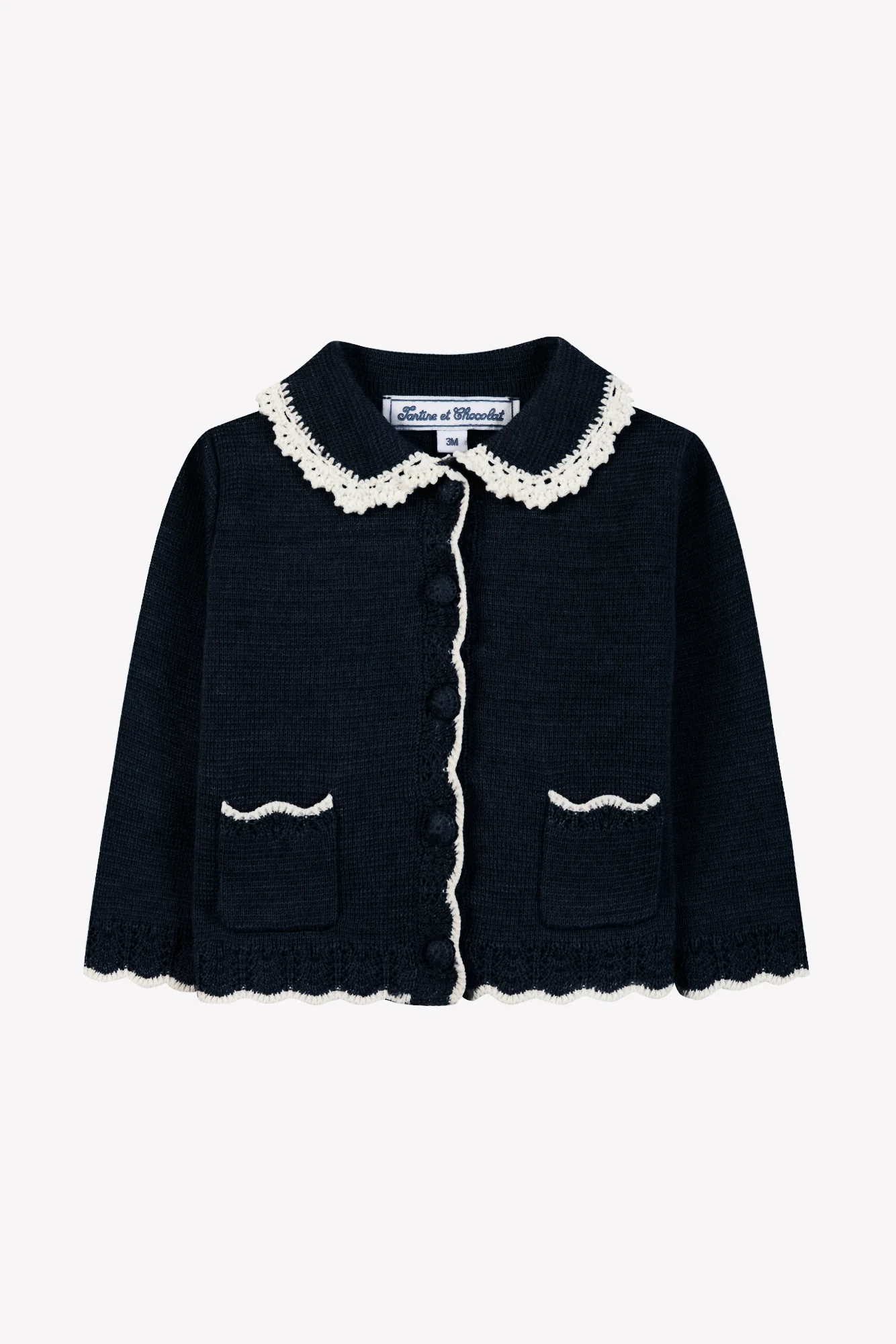 Cardigan - Marine laine col claudine broderie anglaise