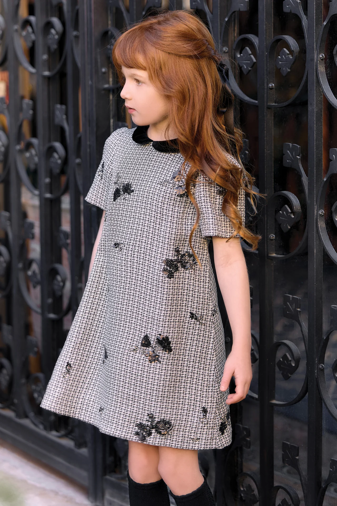 Robe - Noir col claudine pied de poule