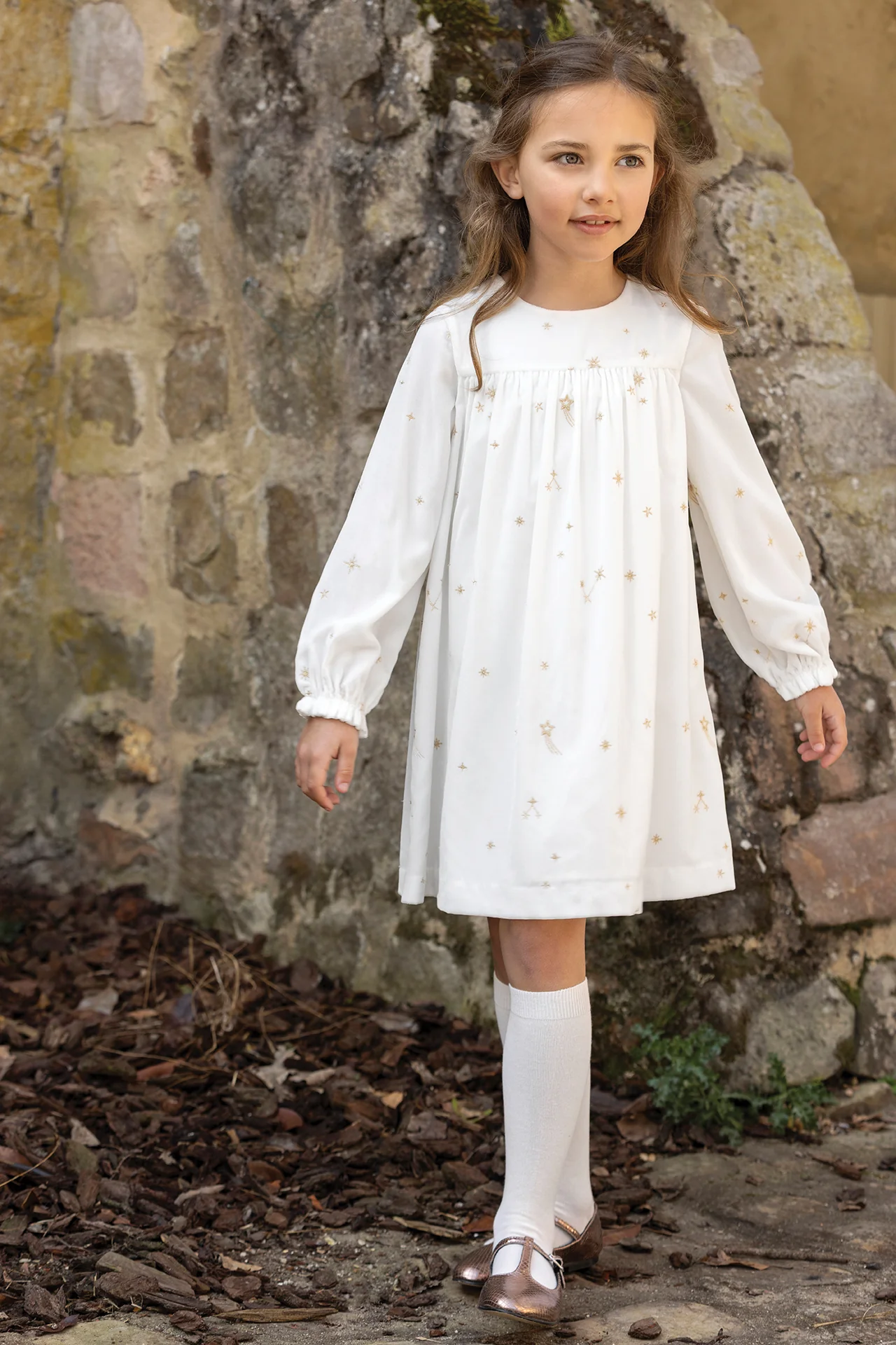 Robe - Ecru col rond velours étoiles