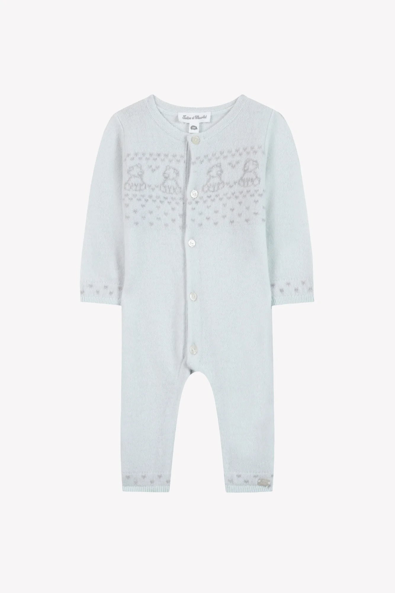 Combinaison longue - Bleu ciel laine col rond broderie