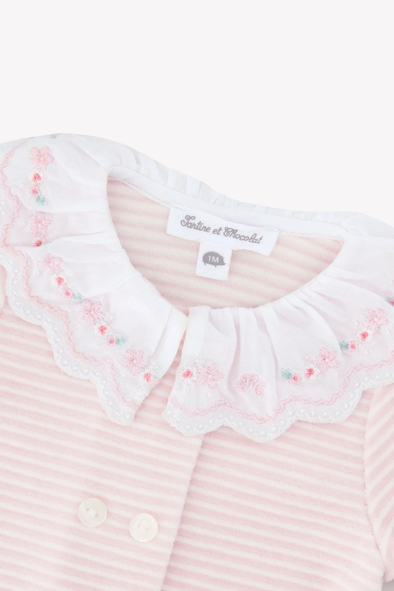 Pyjama - Rose pâle velours rayures col volanté - Image 3