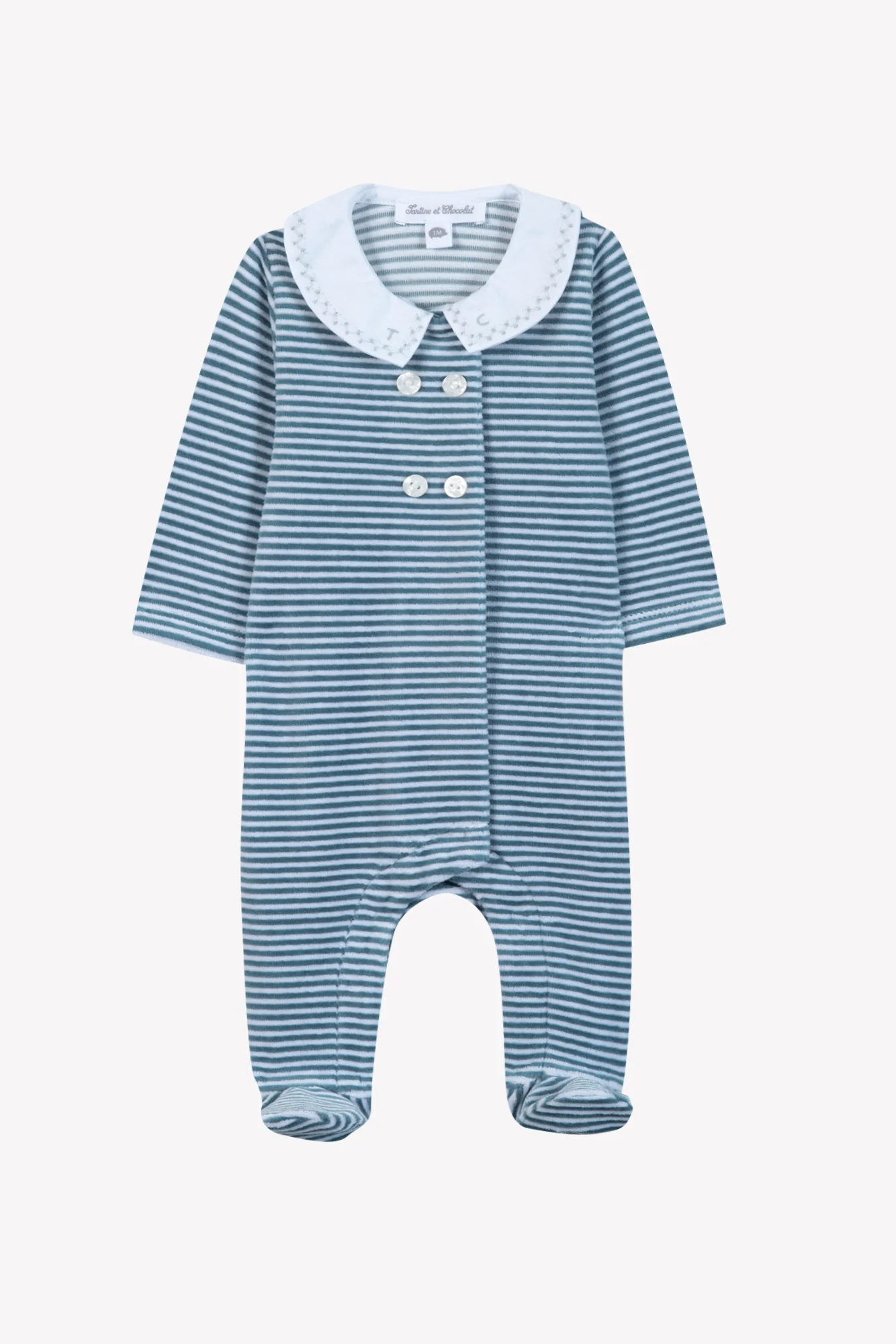 Pyjama - Bleu orage velours rayures col Claudine