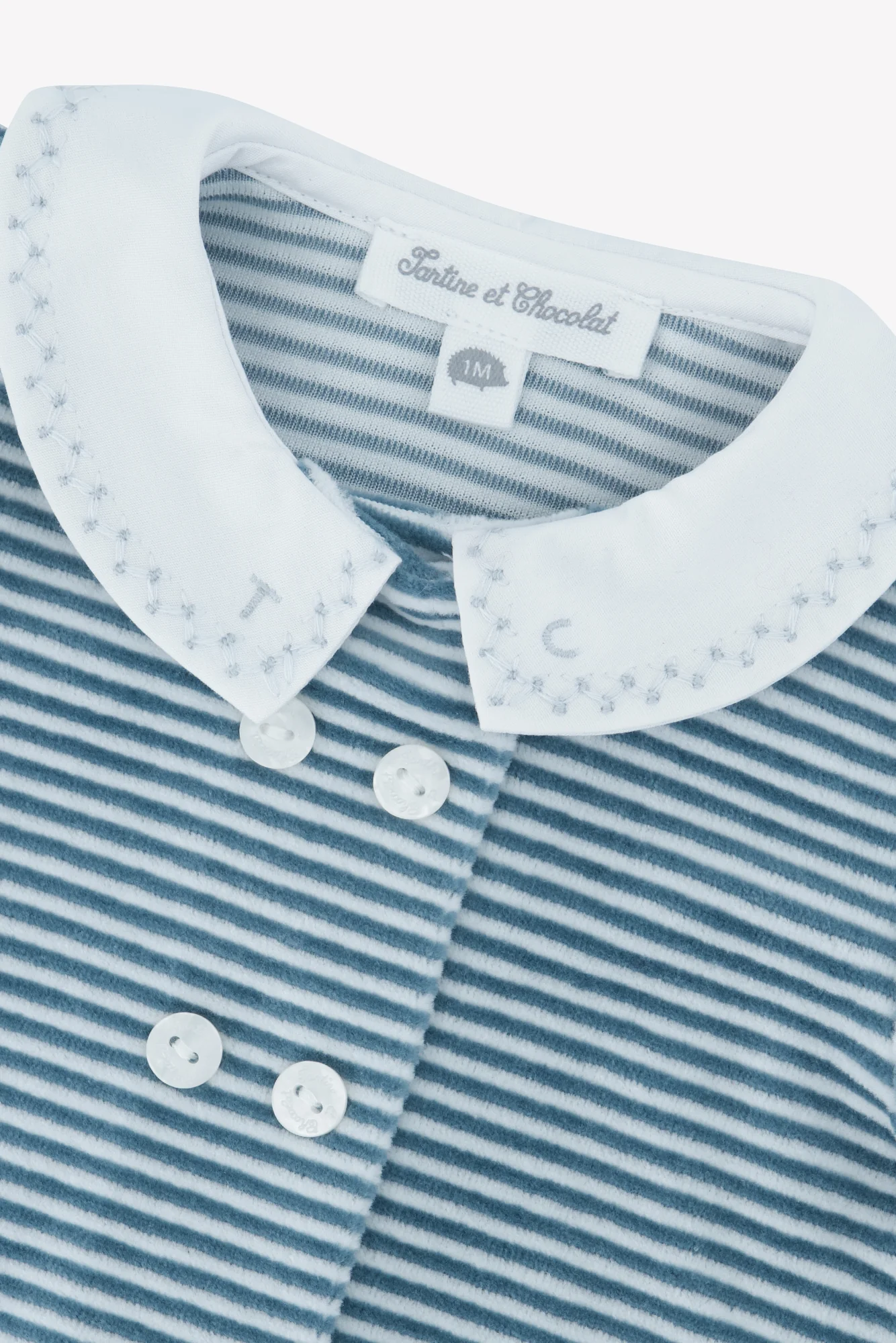 Pyjama - Bleu orage velours rayures col Claudine - Image 3