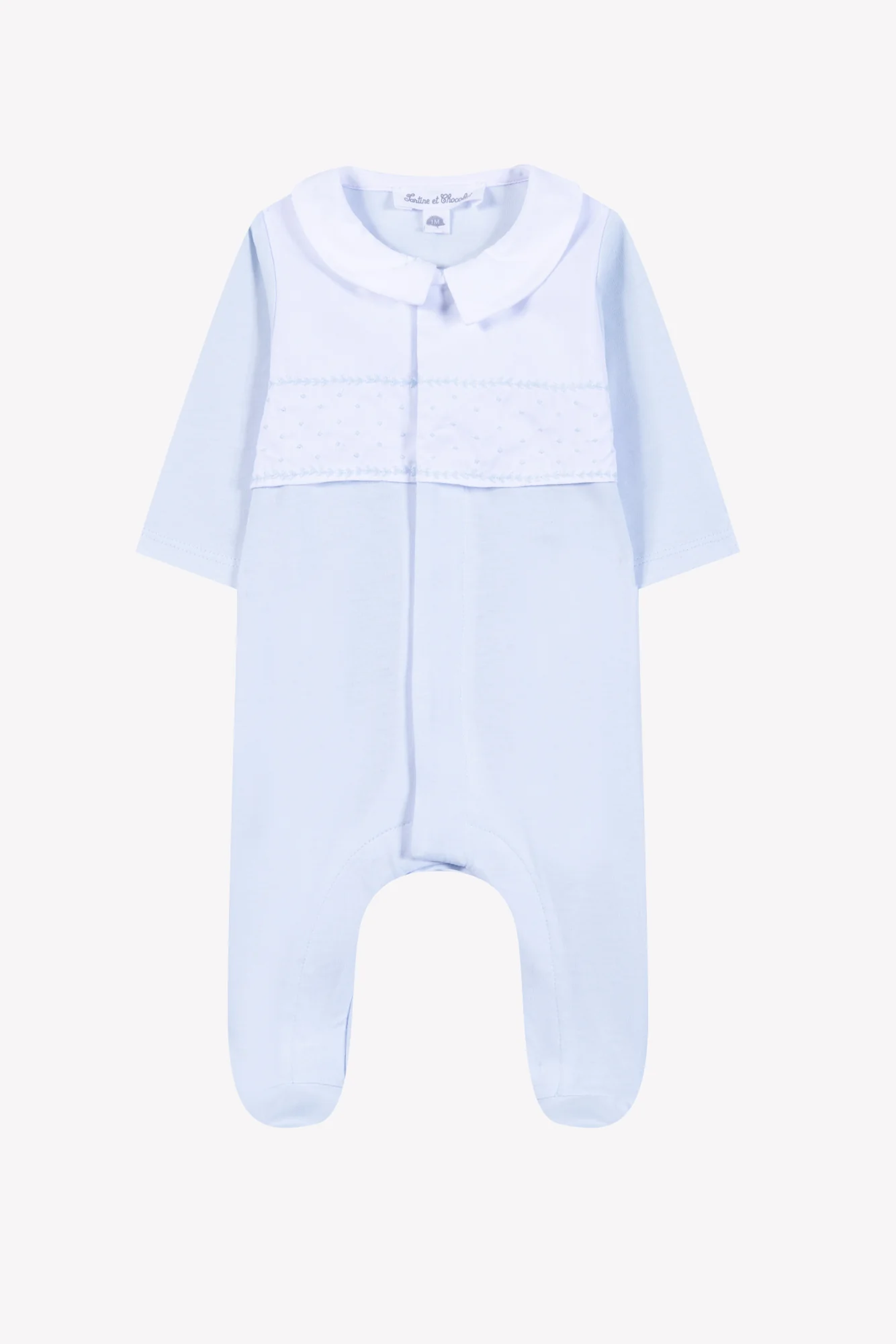 Pyjama - Bleu ciel coton col pointu broderie