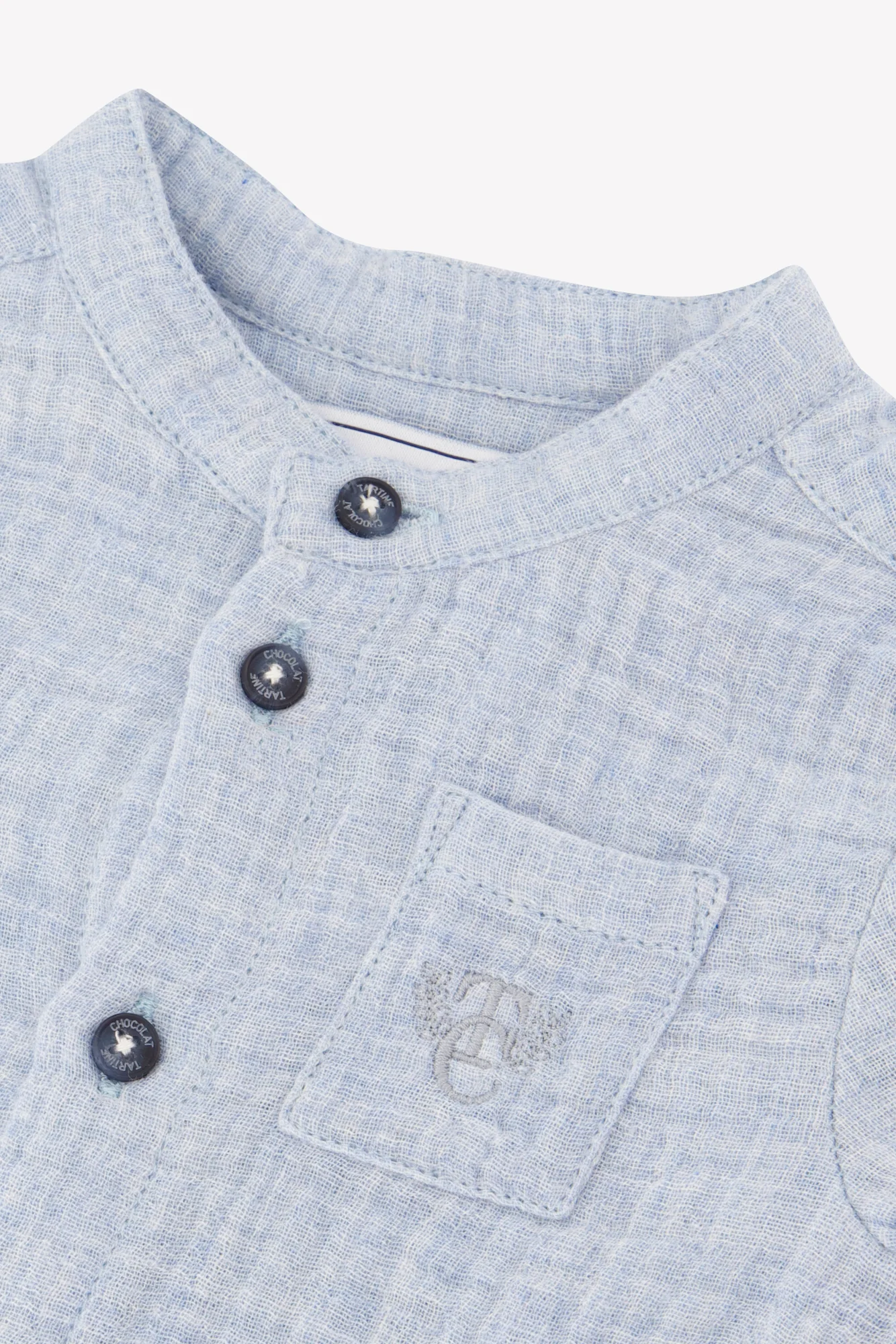 Chemise - Bleu grisé gaze de coton col mao - Image 6