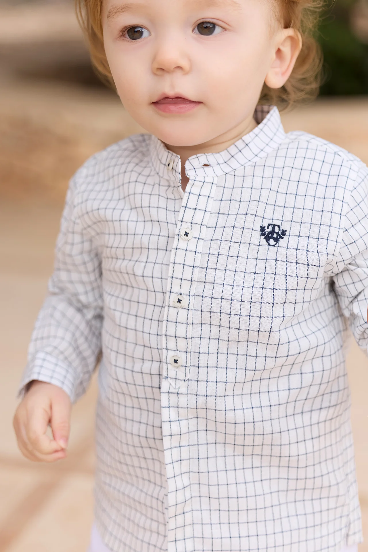 Chemise - Marine lin carreaux col mao