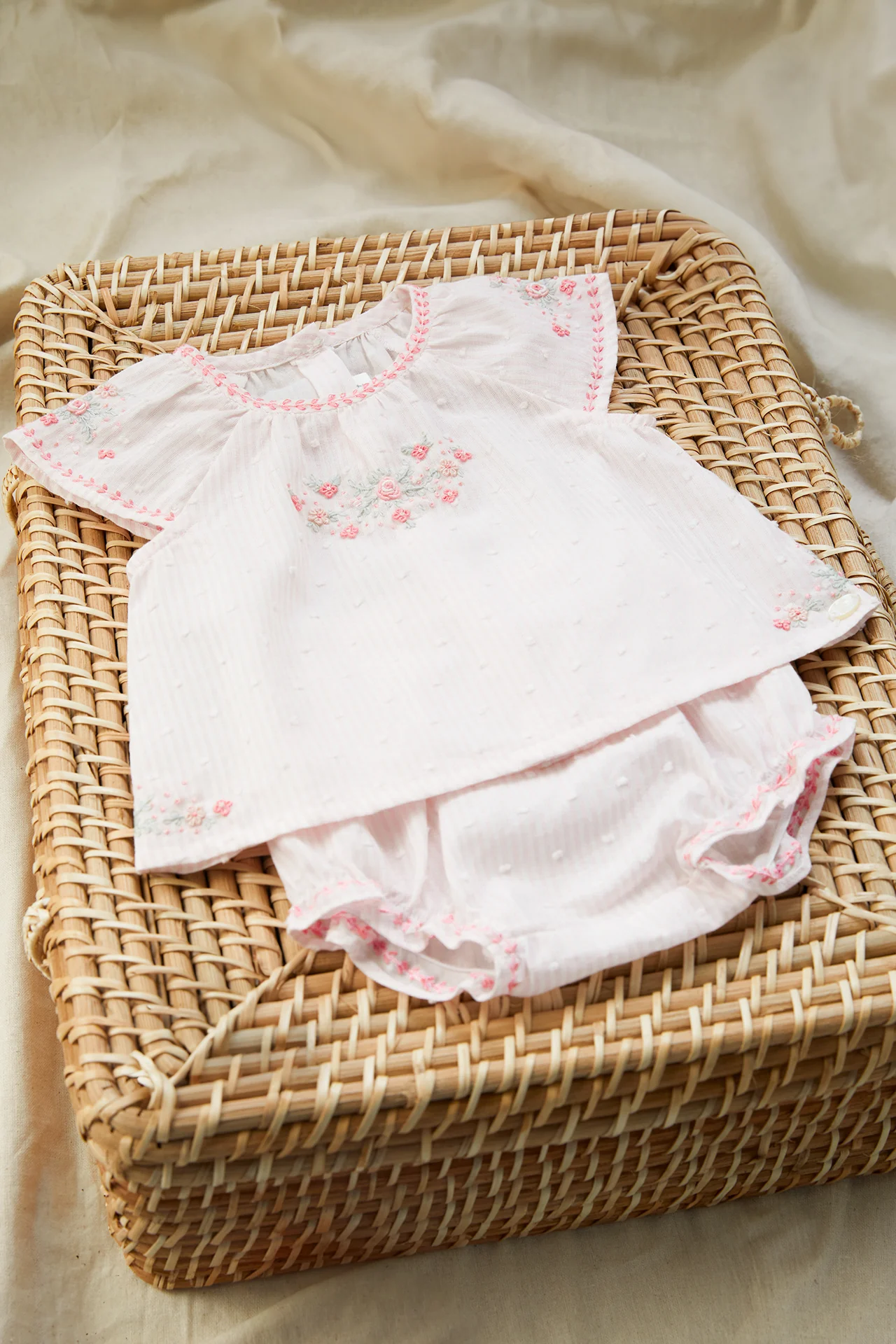 Ensemble court - Rose pâle rayé broderie fleurie - Image 2
