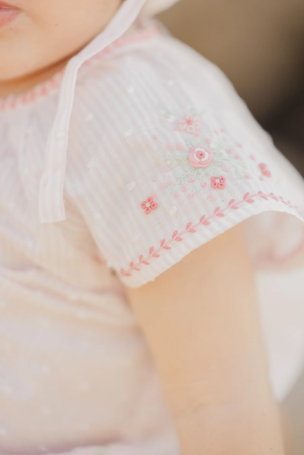 Ensemble court - Rose pâle rayé broderie fleurie - Image 3
