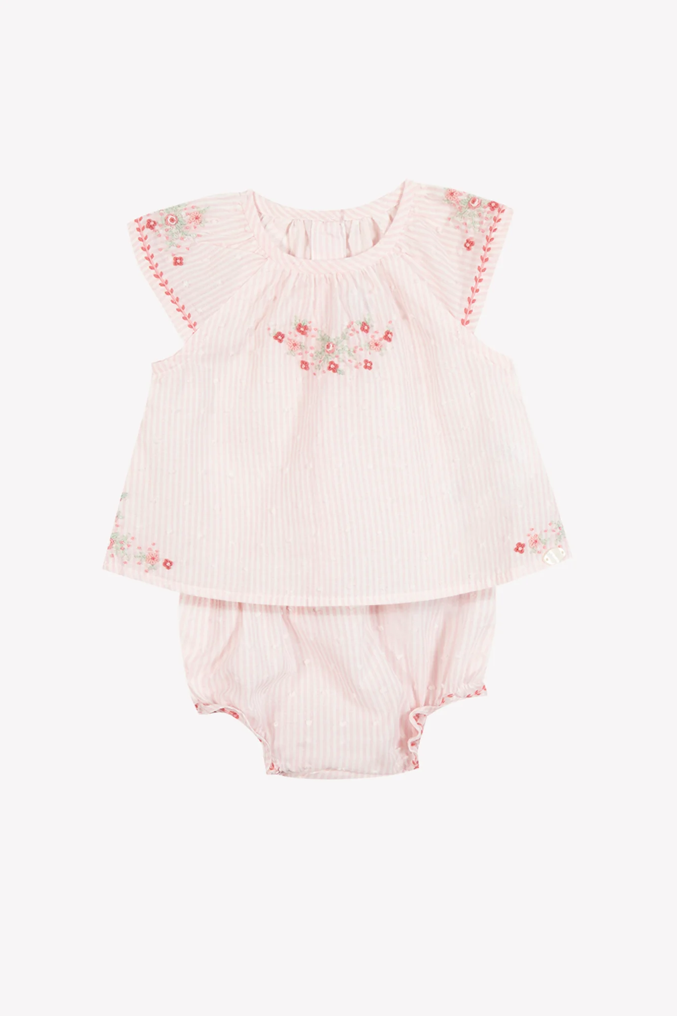 Ensemble court - Rose pâle rayé broderie fleurie - Image 5
