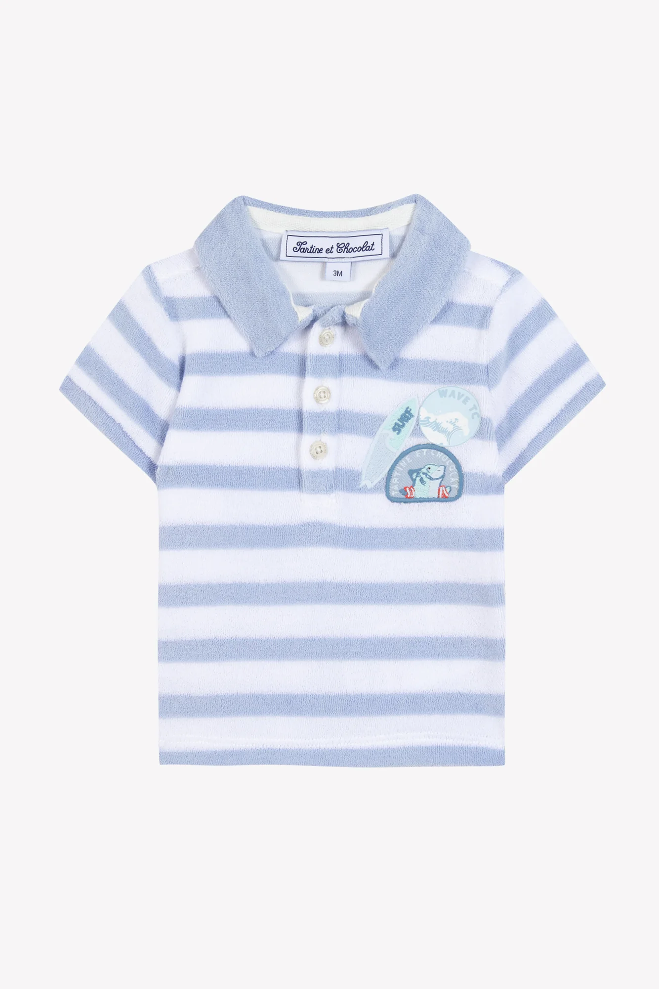 Polo - Bleu lavé rayé maille éponge - Image 4