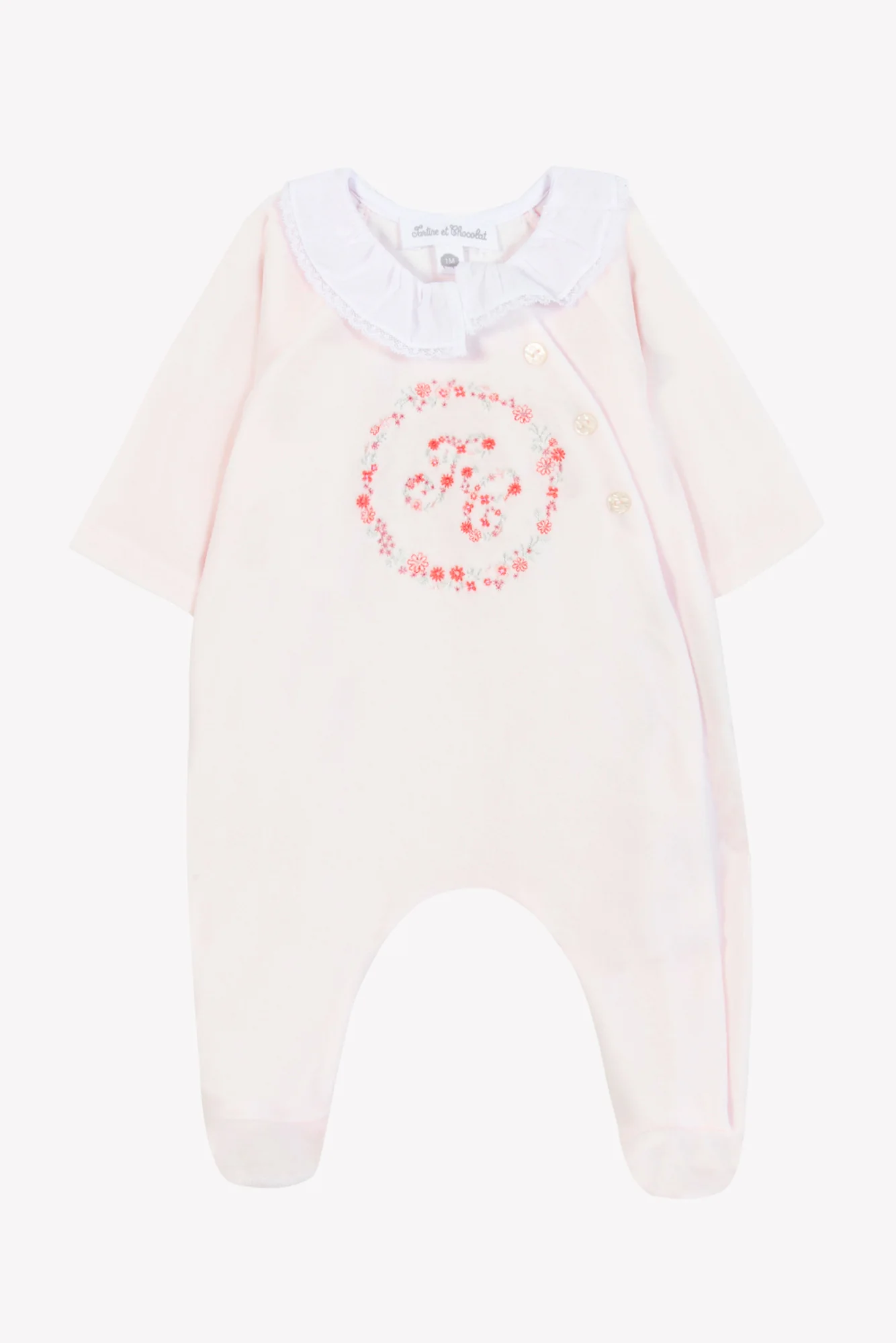 Pyjama - Rose pâle velours broderie fleurie - Image 3