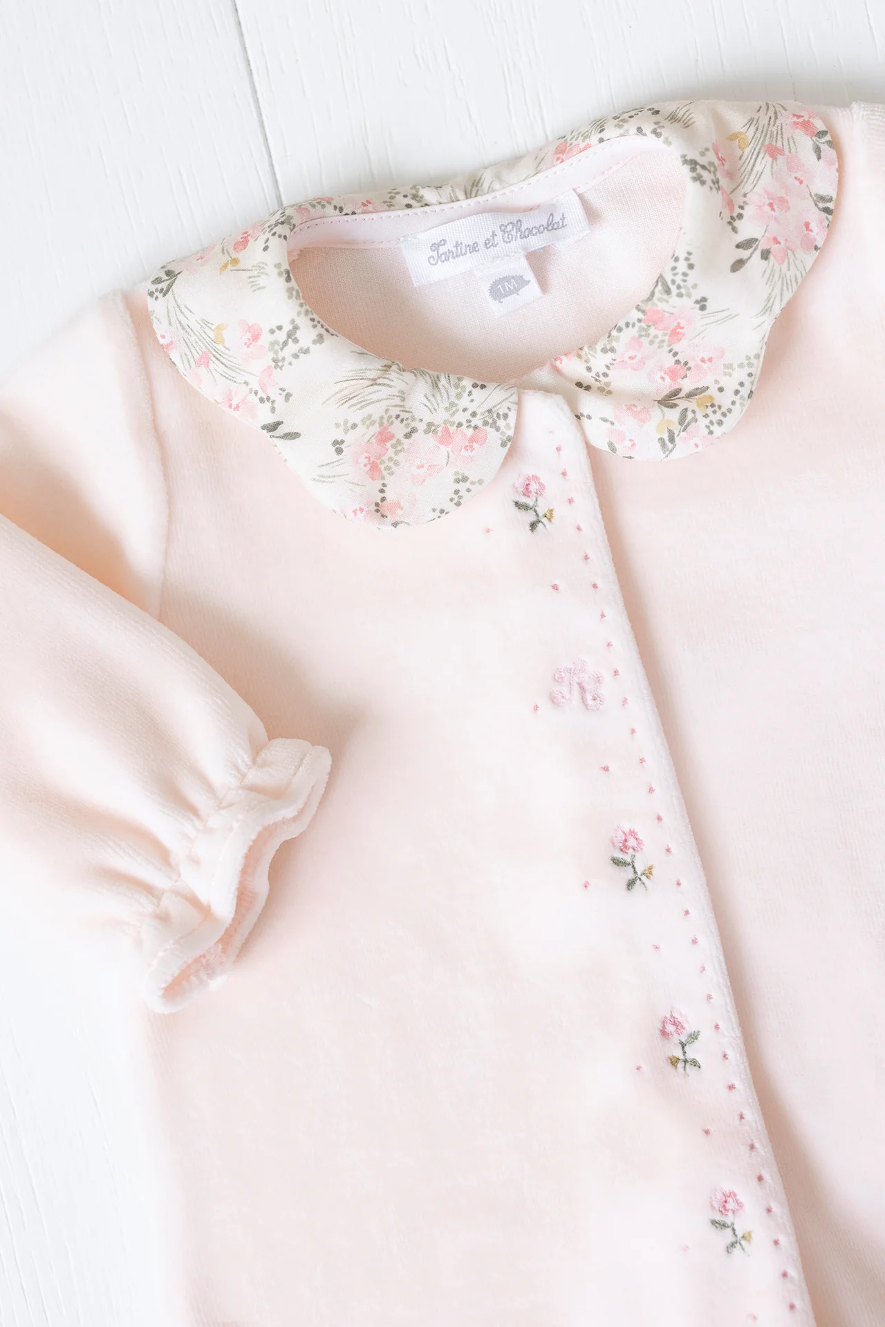 Pyjama - Velours rose pâle imprimé fleuri jardin hivernal - Image 5