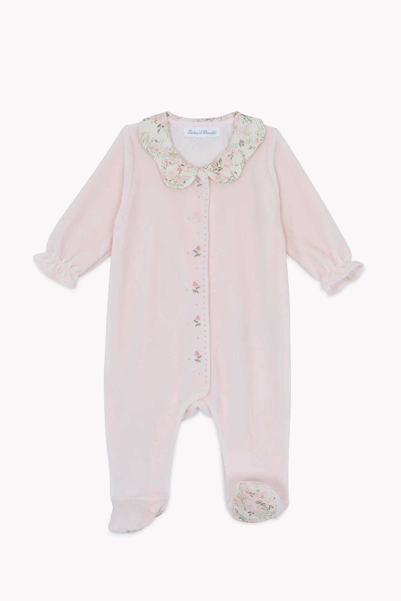 Pyjama - Velours rose pâle imprimé fleuri jardin hivernal - Image 6
