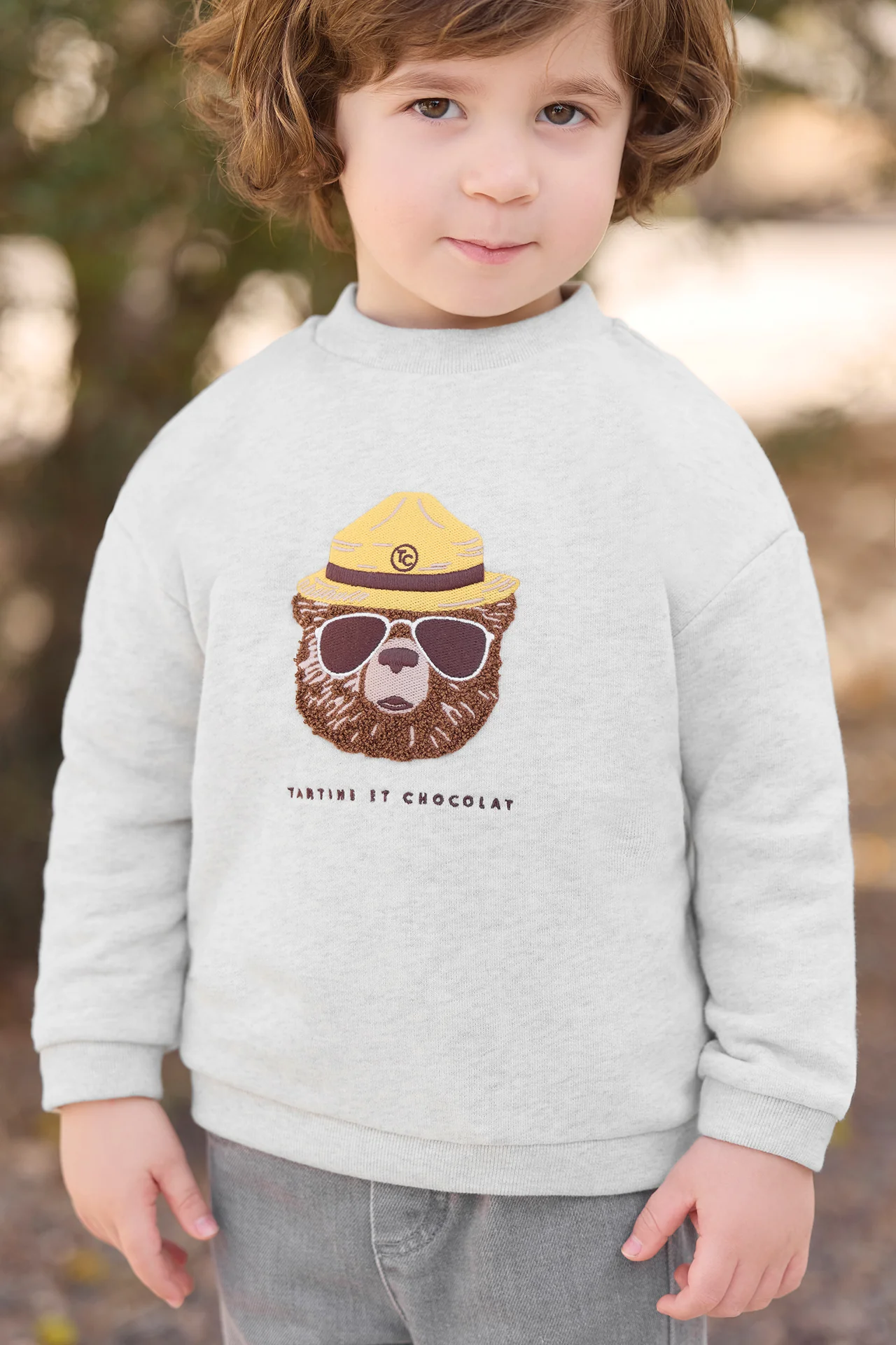 Sweat - Gris chiné illustration ours explorateur
